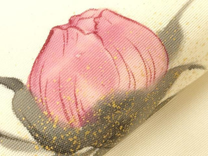 平和屋着物●塩瀬　九寸名古屋帯　手描き　草花文　金彩　正絹　逸品　CABD4035dy