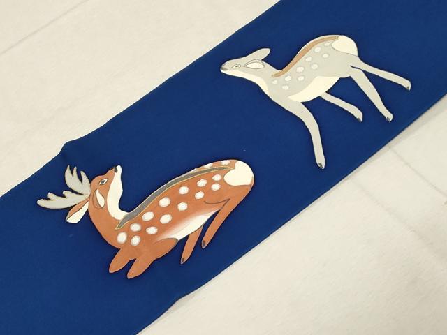 平和屋着物●塩瀬　九寸名古屋帯　鹿　金彩　正絹　逸品　CABD4036dy