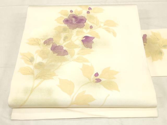 平和屋着物●塩瀬　九寸名古屋帯　作家物　手描き　刺繍　草花文　正絹　逸品　未使用　CABD4041dy