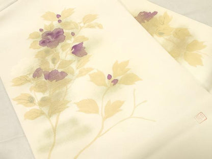 平和屋着物●塩瀬　九寸名古屋帯　作家物　手描き　刺繍　草花文　正絹　逸品　未使用　CABD4041dy