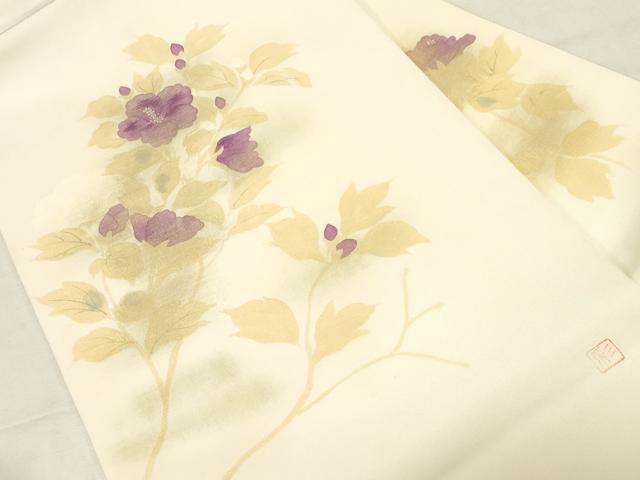 平和屋着物●塩瀬　九寸名古屋帯　作家物　手描き　刺繍　草花文　正絹　逸品　未使用　CABD4041dy