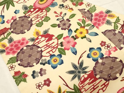 平和屋着物●全通柄九寸名古屋帯　本場琉球紅型　雪輪草花文　正絹　逸品　CABD4053dy