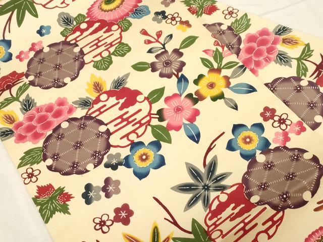 平和屋着物●全通柄九寸名古屋帯　本場琉球紅型　雪輪草花文　正絹　逸品　CABD4053dy