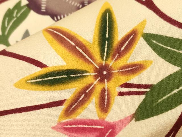 平和屋着物●全通柄九寸名古屋帯　本場琉球紅型　雪輪草花文　正絹　逸品　CABD4053dy