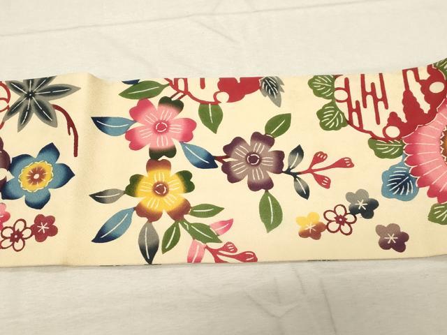 平和屋着物●全通柄九寸名古屋帯　本場琉球紅型　雪輪草花文　正絹　逸品　CABD4053dy