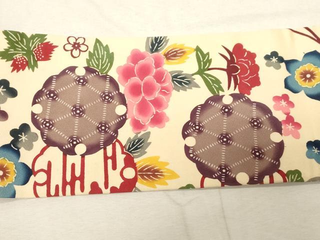 平和屋着物●全通柄九寸名古屋帯　本場琉球紅型　雪輪草花文　正絹　逸品　CABD4053dy