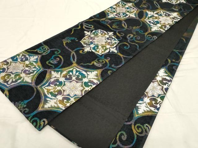 平和屋着物●六通柄袋帯　唐織　モール　葡萄蔦の葉花文　黒地　金糸　正絹　逸品　未使用　CABD4060dy
