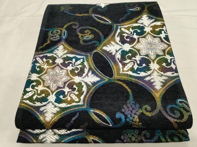 平和屋着物●六通柄袋帯　唐織　モール　葡萄蔦の葉花文　黒地　金糸　正絹　逸品　未使用　CABD4060dy