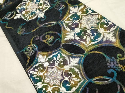 平和屋着物●六通柄袋帯　唐織　モール　葡萄蔦の葉花文　黒地　金糸　正絹　逸品　未使用　CABD4060dy