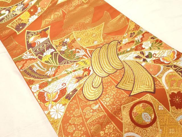 平和屋着物●西陣　河合美術織物謹製　六通柄袋帯　唐織　束ね熨斗花鳥文　金糸　長尺　正絹　逸品　CABD4062dy