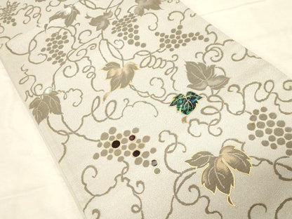 平和屋着物●螺鈿作家　藤本隆士　袋帯　螺鈿　葡萄蔦の葉文　金彩　正絹　逸品　未使用　CABD4067dy