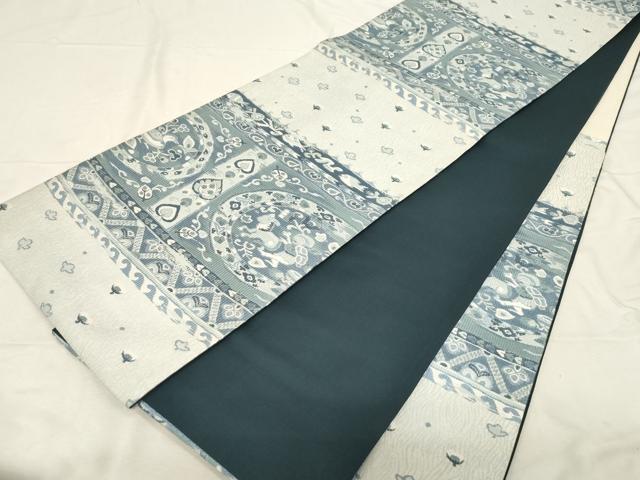 平和屋着物●六通柄袋帯　本藍染織　藍染苑　狩猟花鳥丸文　正絹　逸品　CABD4070dy