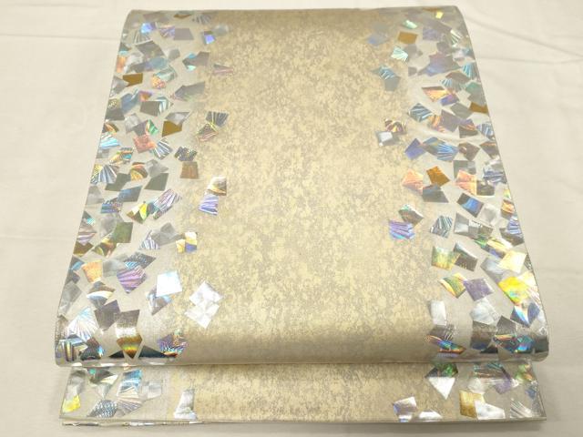 平和屋着物●金彩友禅作家　金彩の魔術師　堀省平　金煌織　六通柄袋帯　色紙重ね文　銀彩　正絹　逸品　CABD4081dy