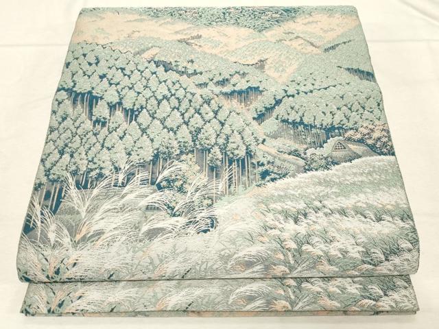 平和屋着物●山喜織物謹製　萬葉　紹巴　全通柄袋帯　風景文　正絹　逸品　CABD4084dy
