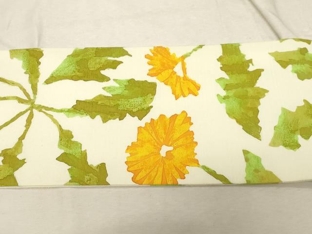 平和屋着物●染色作家　佐藤節子　九寸名古屋帯　紬地　草花文　正絹　逸品　未使用　CABD4103dy