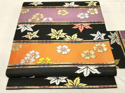 平和屋着物●九寸名古屋帯　春秋段文　黒地　本金入　正絹　逸品　CABD4104dy