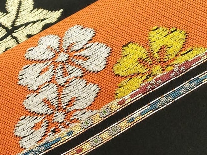 平和屋着物●九寸名古屋帯　春秋段文　黒地　本金入　正絹　逸品　CABD4104dy