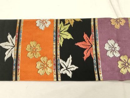 平和屋着物●九寸名古屋帯　春秋段文　黒地　本金入　正絹　逸品　CABD4104dy