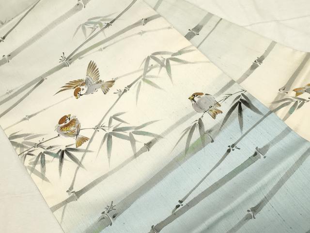 平和屋着物●九寸名古屋帯　手描き　紬地　笹竹　雀　正絹　逸品　CABD4109dy