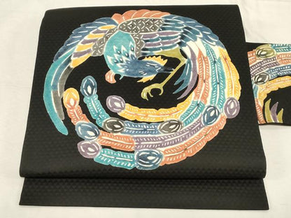 平和屋着物●九寸名古屋帯　型染め　鳳凰文　黒地　正絹　逸品　CABD4111dy