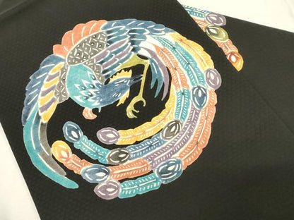 平和屋着物●九寸名古屋帯　型染め　鳳凰文　黒地　正絹　逸品　CABD4111dy