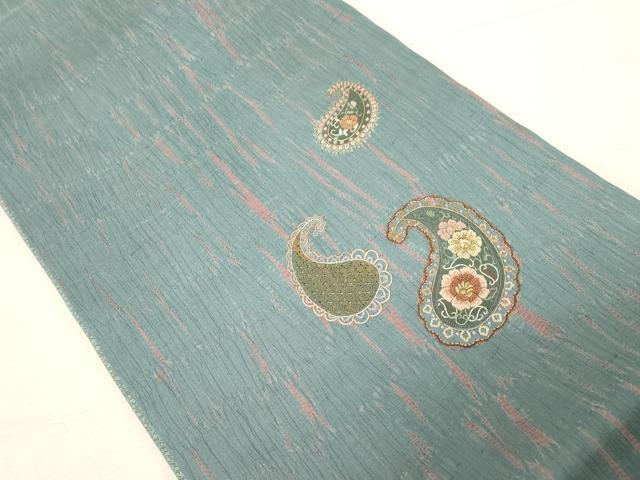 平和屋着物●中国三大刺繍　スワトウ刺繍　相良刺繍　袋帯　紬地　杢目絞り　ペイズリー柄　金糸　正絹　逸品　CABD4124dy