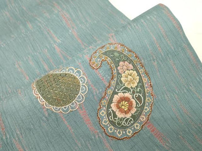 平和屋着物●中国三大刺繍　スワトウ刺繍　相良刺繍　袋帯　紬地　杢目絞り　ペイズリー柄　金糸　正絹　逸品　CABD4124dy