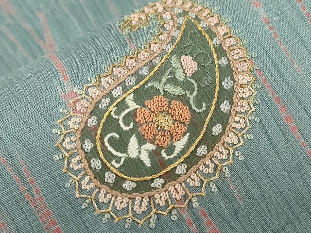 平和屋着物●中国三大刺繍　スワトウ刺繍　相良刺繍　袋帯　紬地　杢目絞り　ペイズリー柄　金糸　正絹　逸品　CABD4124dy