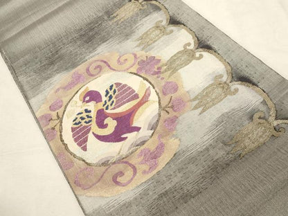 平和屋着物●京の名門　じゅらく謹製　帝王紫　太鼓柄袋帯　すくい織　葡萄蔦の葉鳥丸文　金銀糸　正絹　逸品　CABD4126dy