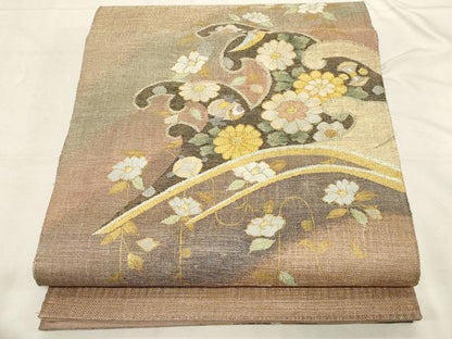 平和屋着物▽太鼓柄袋帯 スリーシーズン 春夏秋 すくい織 立波草花文 金銀糸 正絹 逸品 CABD4135dy