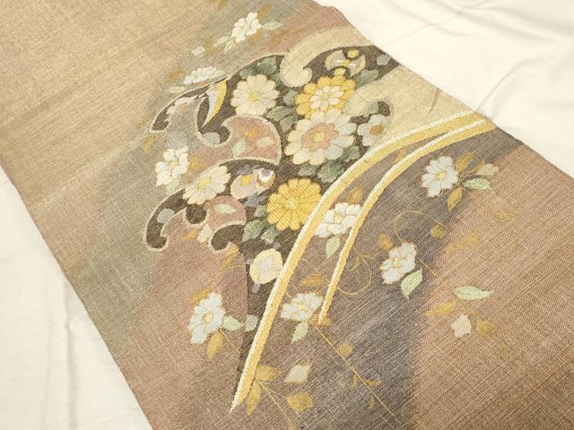 平和屋着物▽太鼓柄袋帯 スリーシーズン 春夏秋 すくい織 立波草花文 金銀糸 正絹 逸品 CABD4135dy