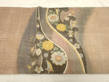 平和屋着物▽太鼓柄袋帯 スリーシーズン 春夏秋 すくい織 立波草花文 金銀糸 正絹 逸品 CABD4135dy