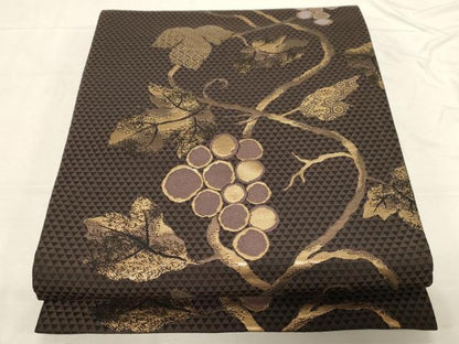平和屋着物●両面　全通柄袋帯　葡萄蔦の葉文　金糸　正絹　逸品　CABD4136dy