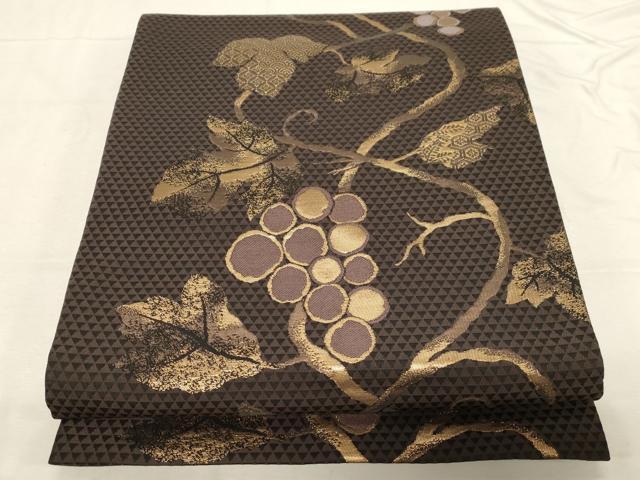 平和屋着物●両面　全通柄袋帯　葡萄蔦の葉文　金糸　正絹　逸品　CABD4136dy