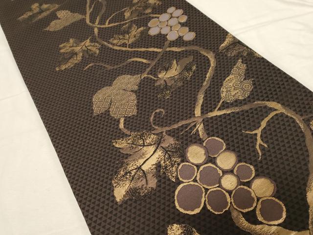 平和屋着物●両面　全通柄袋帯　葡萄蔦の葉文　金糸　正絹　逸品　CABD4136dy