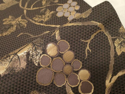平和屋着物●両面　全通柄袋帯　葡萄蔦の葉文　金糸　正絹　逸品　CABD4136dy