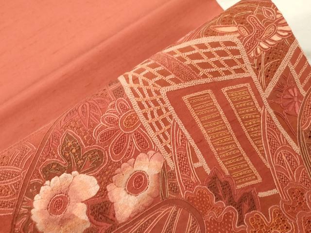 平和屋着物●中国三大刺繍　スワトウ刺繍　相良刺繍　総刺繍　太鼓柄袋帯　紬地　片輪車花文　正絹　逸品　CABD4147dy