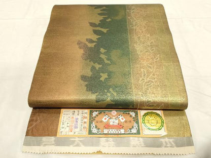 平和屋着物●太鼓柄袋帯　本場縞大島紬地　草花文　金彩　引箔　武島織物謹製　証紙付き　正絹　逸品　CABD4153dy
