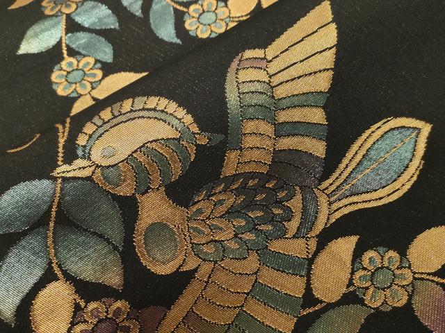 平和屋着物●織物一筋名門　織悦　全通柄　本袋帯　花鳥文　黒地　金糸　正絹　逸品　CABD4154dy