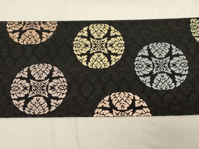 平和屋着物●九寸名古屋帯　唐織　花丸文　黒地　正絹　逸品　CABD4169dy