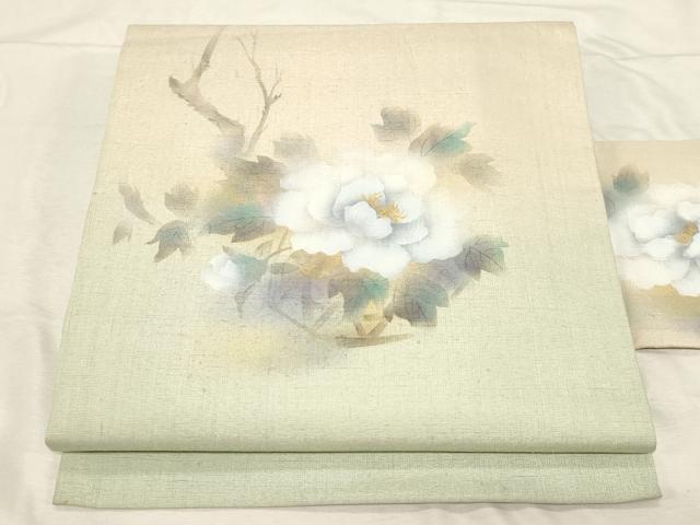 平和屋着物●九寸名古屋帯　手描き　紬地　草花文　金通し地　正絹　逸品　CABD4175dy