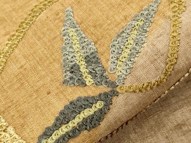 平和屋着物●九寸名古屋帯　紬地　総刺繍　草花文　金糸　正絹　逸品　未使用　CABD4176dy