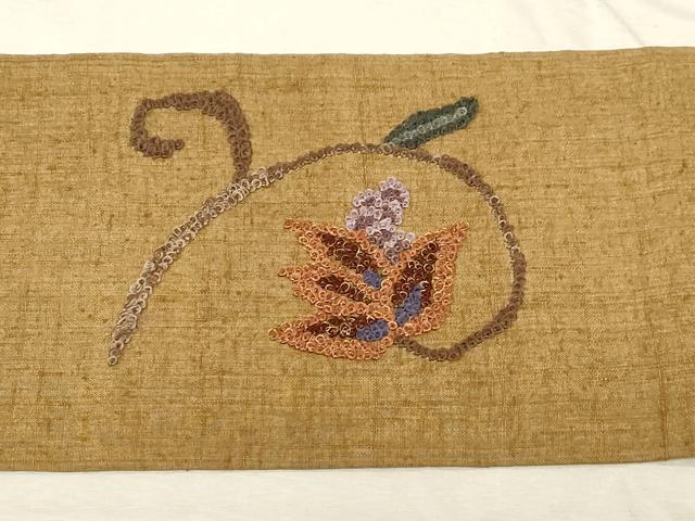 平和屋着物●九寸名古屋帯　紬地　総刺繍　草花文　金糸　正絹　逸品　未使用　CABD4176dy