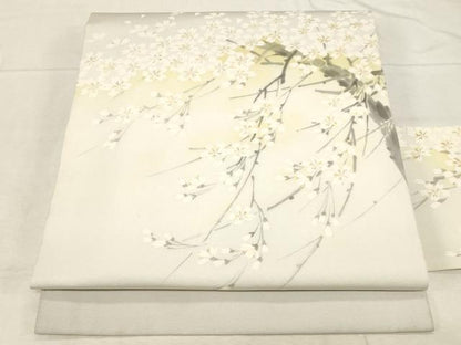 平和屋着物●塩瀬　九寸名古屋帯　作家物　手描き　枝桜文　正絹　逸品　CABD4180dy