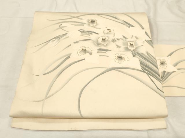 平和屋着物●塩瀬　九寸名古屋帯　手描き　カトレア　金彩　正絹　逸品　CABD4185dy