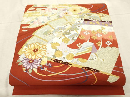 平和屋着物●爪掻き本綴れ　八寸名古屋帯　扇面草花文　金銀糸　正絹　逸品　未使用　CABD4188dy