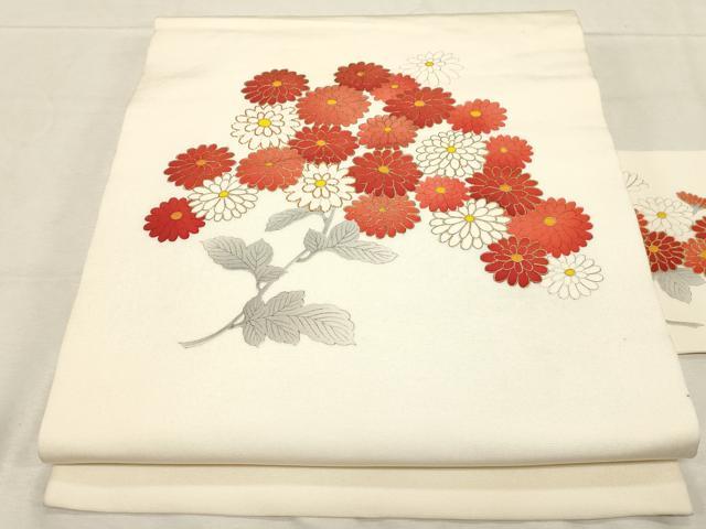 平和屋着物●塩瀬　九寸名古屋帯　手描き　駒刺繍　草花文　金彩　正絹　逸品　CABD4189dy