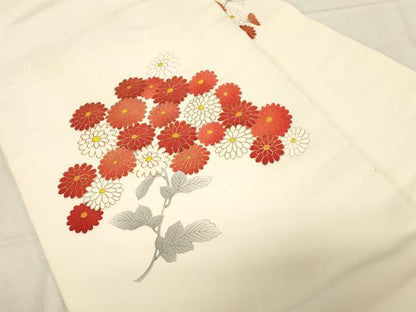 平和屋着物●塩瀬　九寸名古屋帯　手描き　駒刺繍　草花文　金彩　正絹　逸品　CABD4189dy