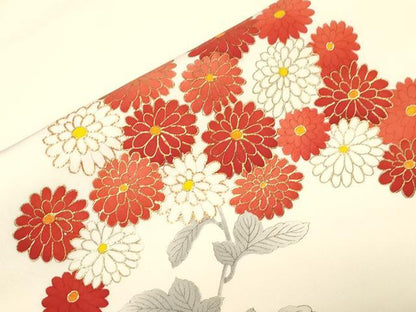 平和屋着物●塩瀬　九寸名古屋帯　手描き　駒刺繍　草花文　金彩　正絹　逸品　CABD4189dy