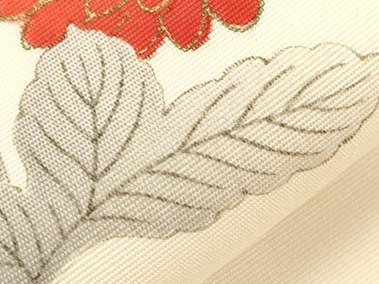 平和屋着物●塩瀬　九寸名古屋帯　手描き　駒刺繍　草花文　金彩　正絹　逸品　CABD4189dy